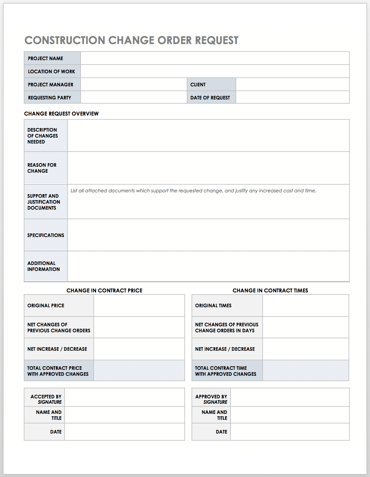 Construction Change Order Request Template 