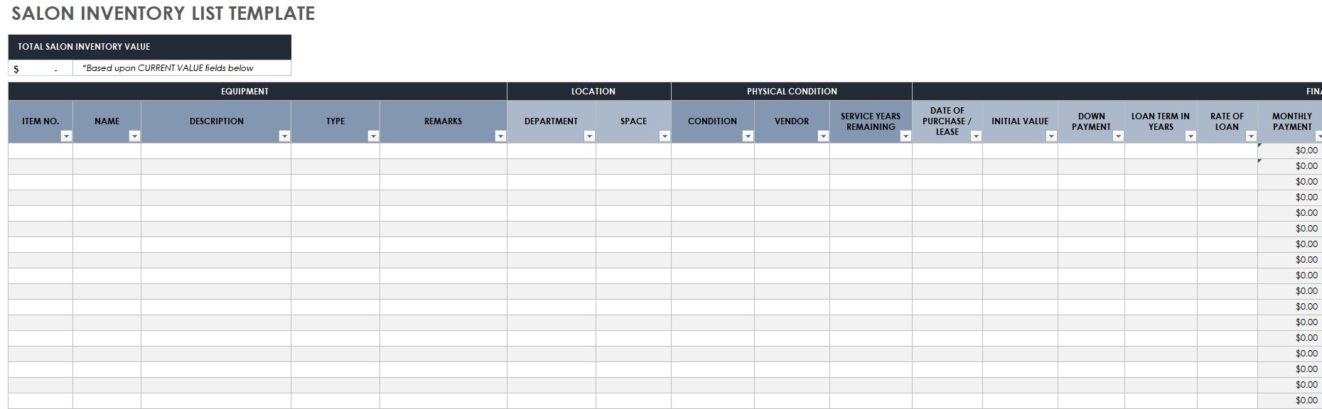 Salon Inventory List Template