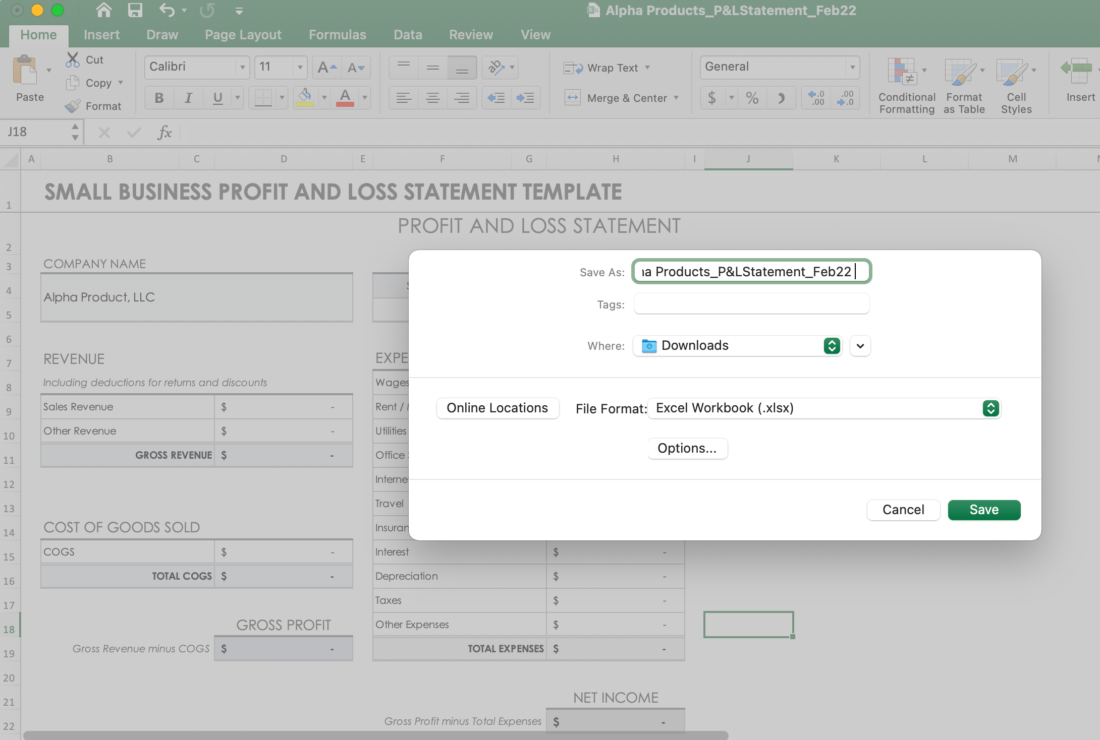 Save Profit and Loss Excel File