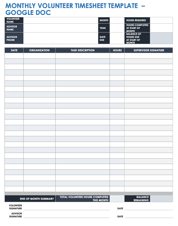 Monthly Volunteer Timesheet Template for Google Docs