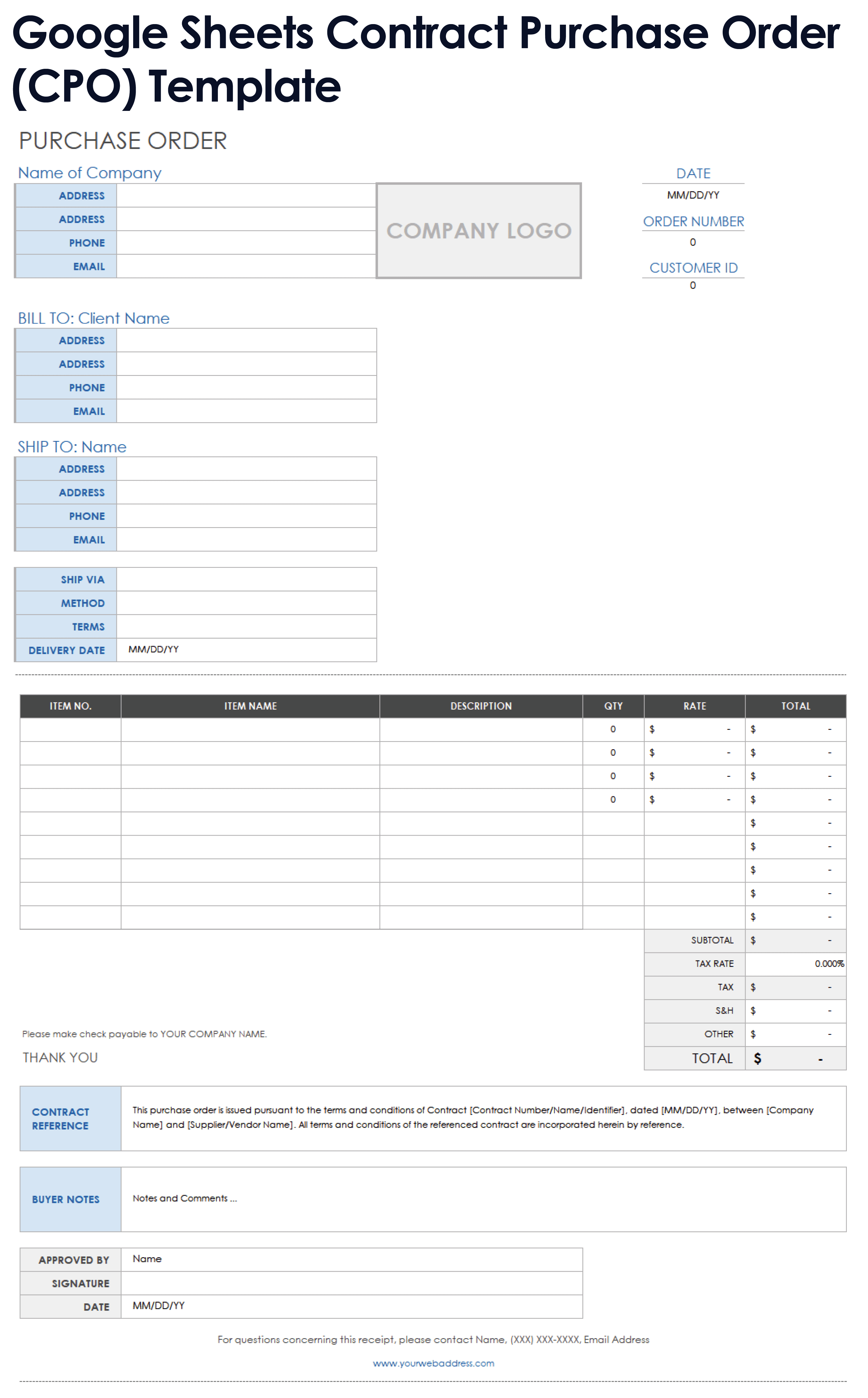 Google Sheets Contract Purchase Order Template