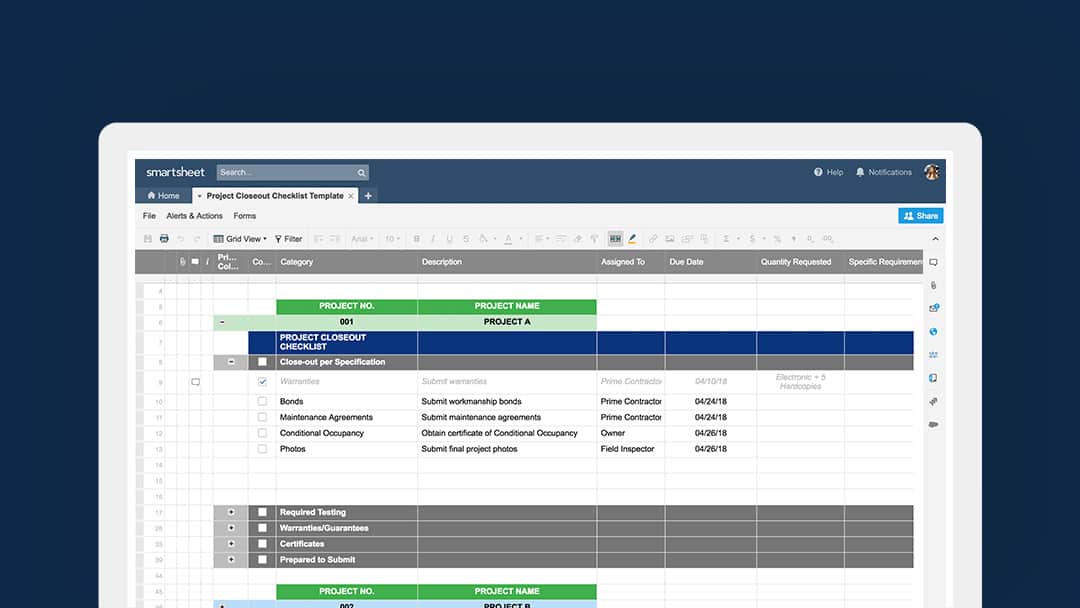 Project Closeout Template in Smartsheet