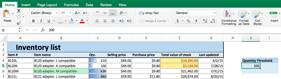 Conditional formatting quantity threshold Excel