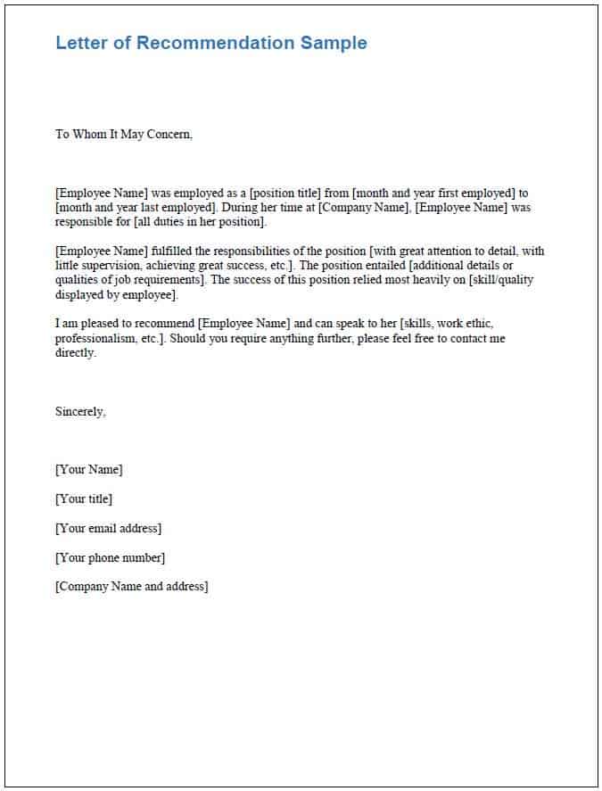 Letter of Recommendation Sample Template