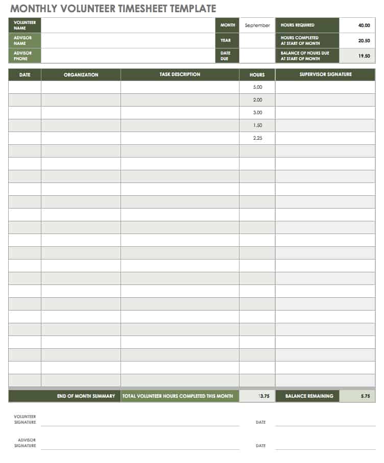 Monthly Volunteer Timesheet Template