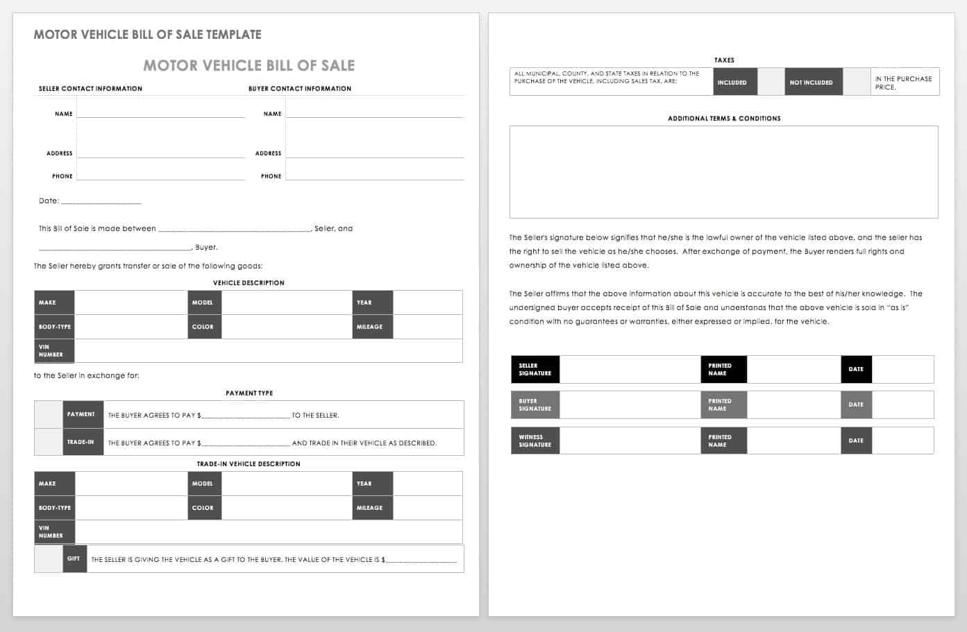 Motor Vehicle Bill of Sale Template