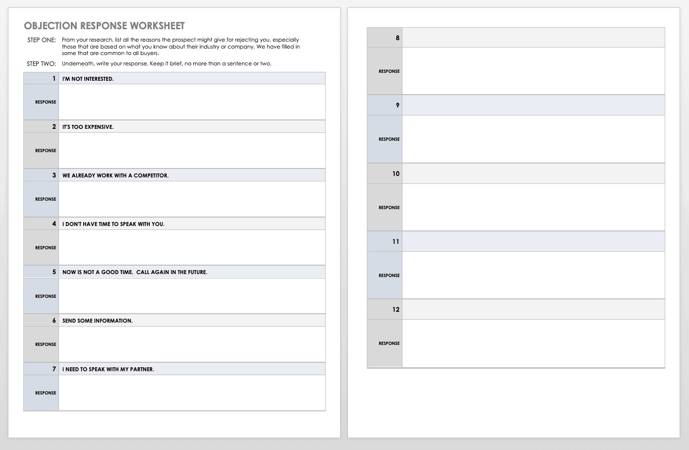 Objection Response Worksheet Template