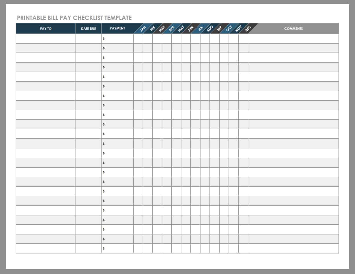 Printable Bill Pay Checklist Template