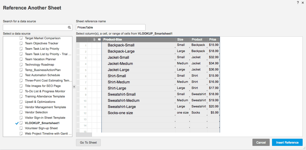 VLOOKUP range Smartsheet example