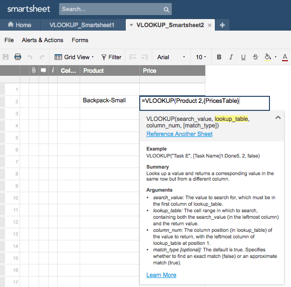 VLOOKUP table Smartsheet