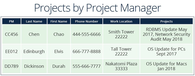 Relational databases view example projects by project manager